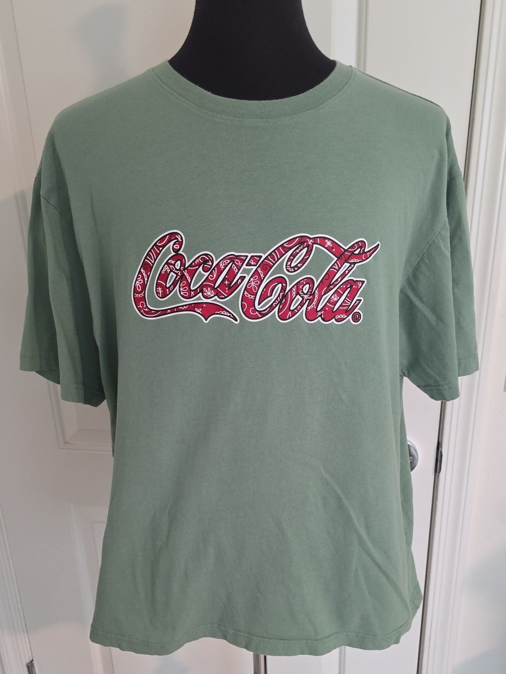 Coca Cola Men's Sage Green Short Sleeve Crusher Tee with Red Logo